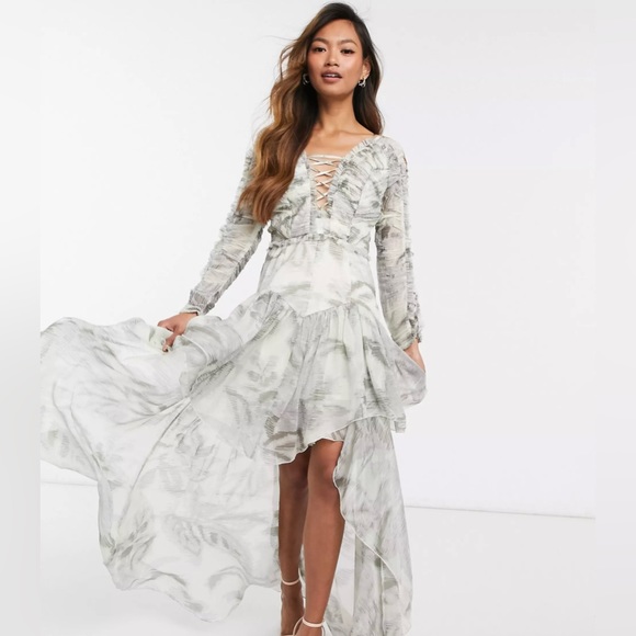 ASOS DESIGN Ruched Chiffon Printed Maxi Dress w/Satin Lace Up Detail, Size 8 - Picture 4 of 7